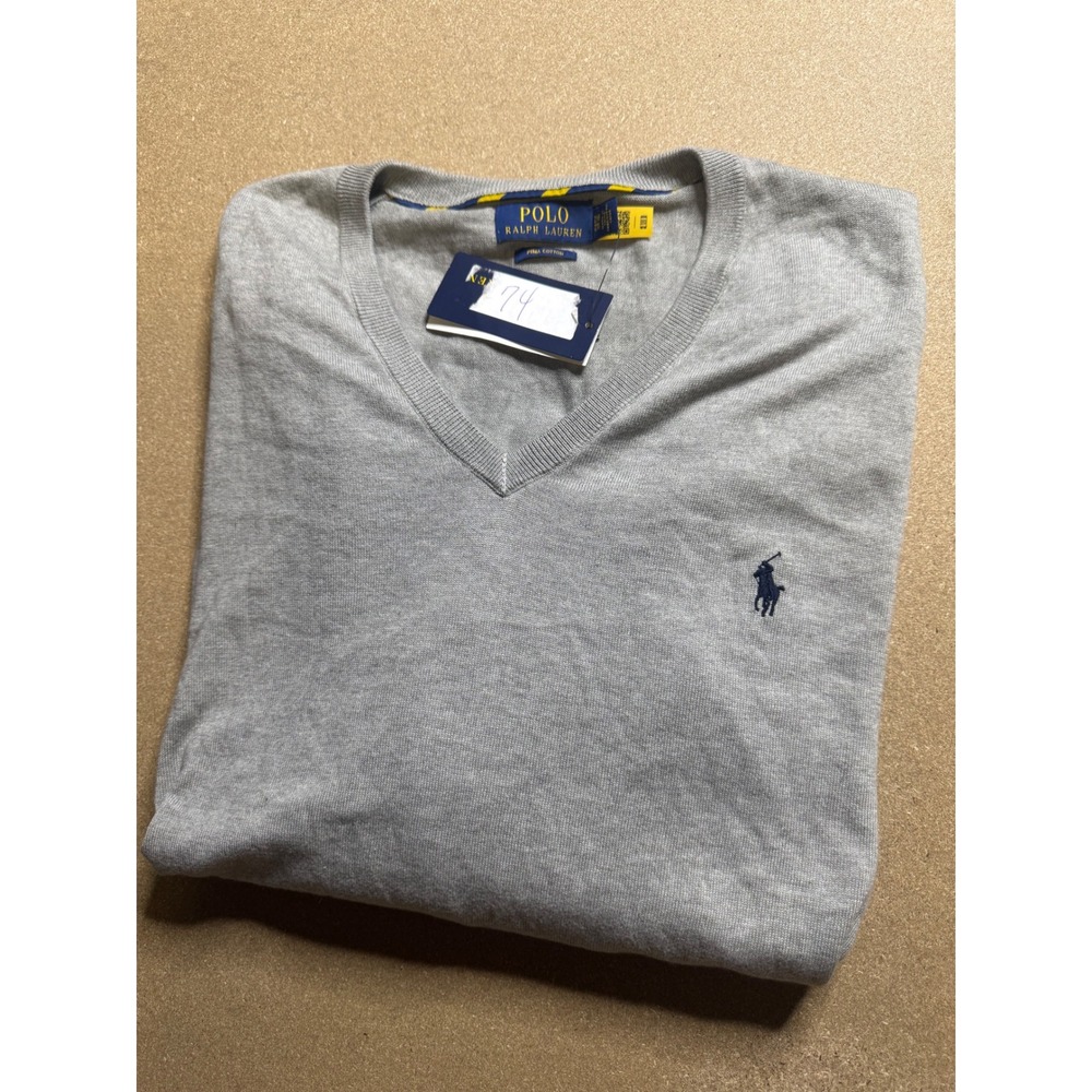 Polo Ralph Lauren Mens 2XB Gray Pima‎ Cotton V-Neck Long Sleeve Sweater NWT